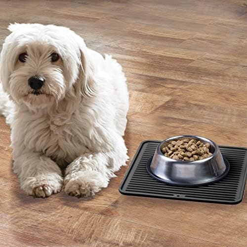 Mdesign Premium Premium Square Pet Alody and Water Bowl Realing Tapete para cães e gatos, Placemat de silicone durável à prova d'água - alimentos seguros, não -tóxicos - Média, Coleção Linelle - Black