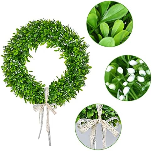 Lvydec Artificial Boxwood Wreath Decoration - Greante de primavera de 15 com sementes brancas e fita de seda para decoração