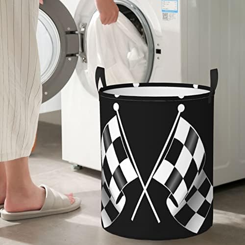 Fórmula branca preta Bandeiras quadriculadas Padrão cesto redonda de lavanderia, roupas grandes para armazenamento de armazenamento oxford armazenamento doméstico, dormitório da faculdade, quartos