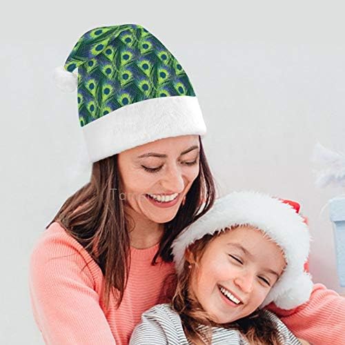 Chapéu de Papai Noel de Natal, Design de Pavão Verde Chapéu de Férias de Xmas para Adultos, Chapéus de Natal de Comforto Unisex
