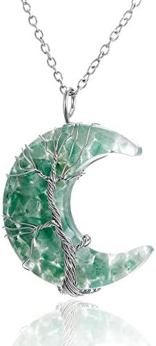 Colar da lua crescente para mulheres, 7 Chakra Casco de cristal Colar árvore Life Wire embrulhado resina natural Reiki Jóias pendentes de quartzo espiritual para grls