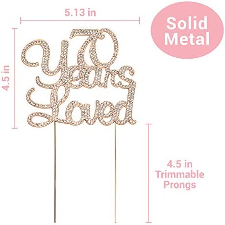 70 Bolo Topper - Metal de ouro rosa premium - 70 anos amado - 70º aniversário da decoração de stromstone Sparkly faz uma ótima peça central - agora protegida em uma caixa