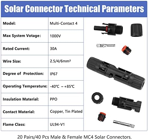 PreciHW 12 pares conectores de cabo do painel solar, conectores solares de 4 contato com 4, IP67 1000V 30A Conectores de cabo de painel solar masculino/feminino à prova d'água para 2,5/4/6mm² com chaves de embalagem de 2 pacote
