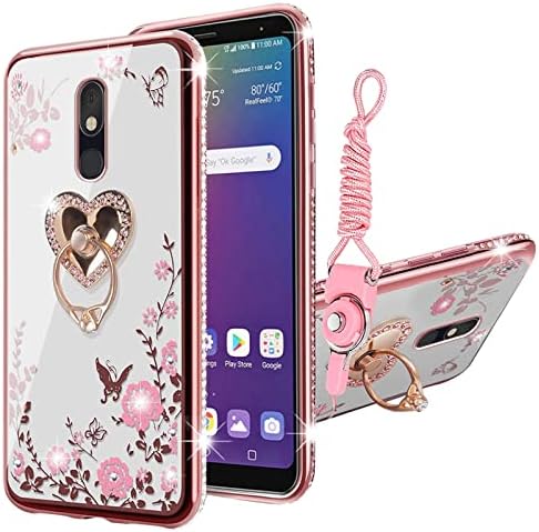 Para LG Stylo 5 Case de telefone para mulheres Glitter Crystal Soft TPU Bling Butterfly Heart Floral Clear Protective Cober com Kickstand+Strap