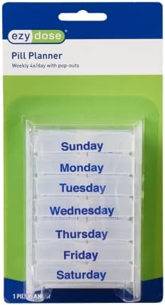Ezy Dose Weekly Pill Organizer, Vitamin and Medicine Box, Compartimentos pop-out, 4 vezes por dia, tampas claras