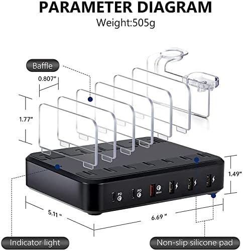 Estação de carregamento USB-C para vários dispositivos de 84W 6 portos organizador de divisores de vários carregadores com 2 PD 20W USB-C Carregador, tablets celulares compatíveis, eletrônicos, 8 cabos misturados incluídos