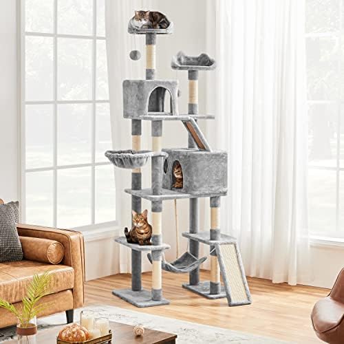 Tower de gato de gato de gato de vários níveis topeakmart, móveis de árvore de gatos com poleiros duplos de gato condomínios de gato postes de cesta de gatos redes para gatos cinza claro