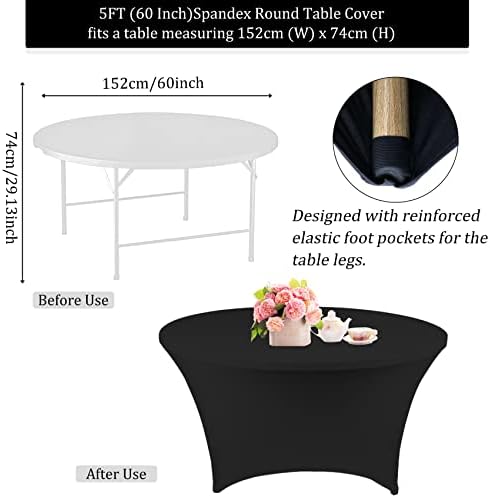 Pacote de 4 pés de 5 pés Toca de mesa de spandex redonda 60 polegadas Tapa de mesa elástica preta lavável e toalha de