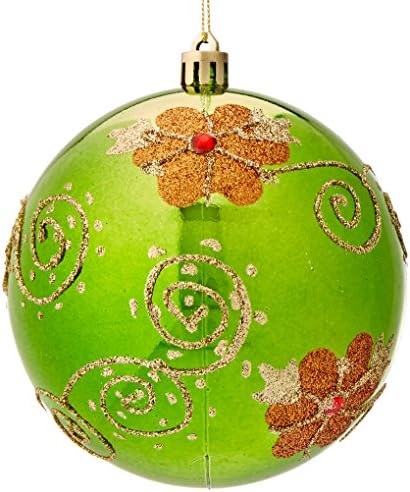 Perfect Holiday Painted Mandled 1 peças Srombes de Natal à prova de quebra, bola verde de maçã de 3,9 polegadas com flores e diamante de acrílico