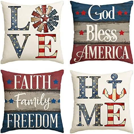 Avoin colorlife Deus abençoe a América Capas de travesseiros 20 x 20 Conjunto de 4, Faith Family Freedom 4 de julho Independência