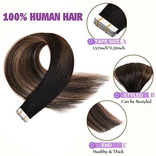 Fita de fita em extensões de cabelo Cabelo humano, Balayage Balayage Black a Chestnut Marrom marrom e sedosas Extensões de cabelo natural em cabelo humano, 20pcs 14 polegadas 40g Remy ombre Fita em extensões de cabelo