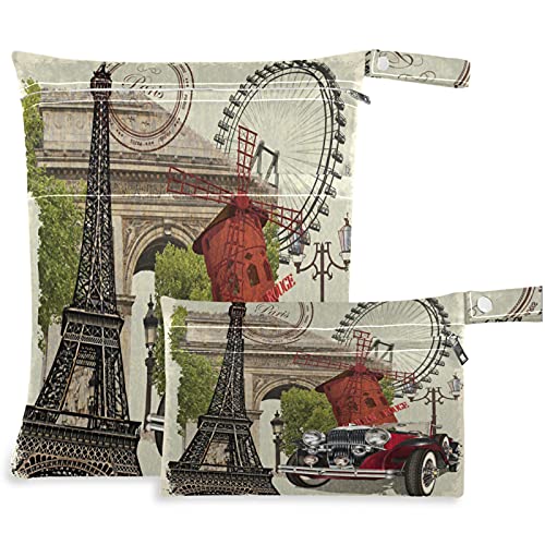 VISESUNNY PARIS POSTER VINTAGE 2PCS Saco molhado com bolsos com zíper Bolsa de fraldas salateadas reutilizáveis ​​para viajar, praia, creche, carrinho, fraldas, roupas de ginástica sujas, roupas de banho molhadas, produtos de higiene pessoal