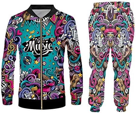 3D Print Men 2 Peça Conjunto musical Nota Instrument Party Tracksuit Jacket Sweatshirt Capuzes de moletom esportes