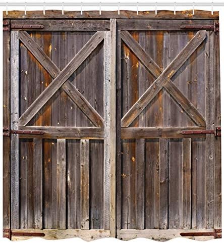 Cortina de chuveiro rústico de Ambesonne, porta velha de madeira do celeiro da fazenda Oak Countryside Village Board Rural Life Print, tecido de tecido decoração de banheiro com ganchos, 69 W x 84 L, marrom