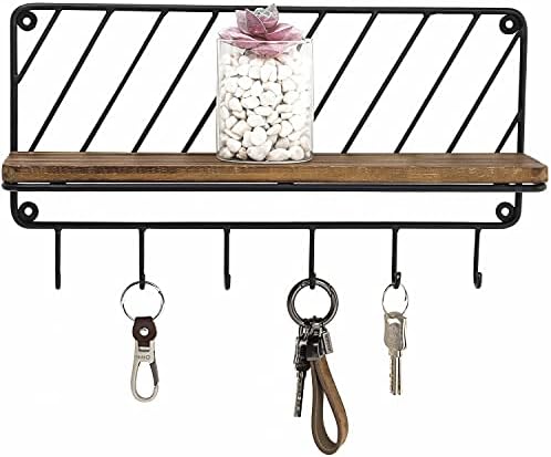 Mygift parede montada em 14 polegadas Organizador de chaves de entrada de 14 polegadas Urban Rustic Black Metal Rack com prateleira de exibição flutuante de madeira queimada sólida