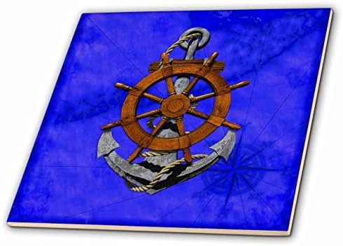 3DROSE Uma âncora de navio vintage e leme em uma tabela de vela náutica. - Azulejos