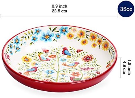 BICO Red Spring Birds Cerâmica 35 onças Tigelas de jantar, conjunto de 4, para macarrão, salada, cereal, sopa e microondas