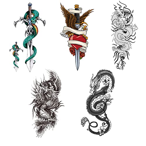 5 lençóis Snake Dragon Flor Impermeável Tatuagens temporárias pequenos animais coloridos corporal floral arte realista tatuagens duradouras adesivos de mão pescoço lombar de ombro de ombro para homens Mulheres 8,2*4,5 polegadas
