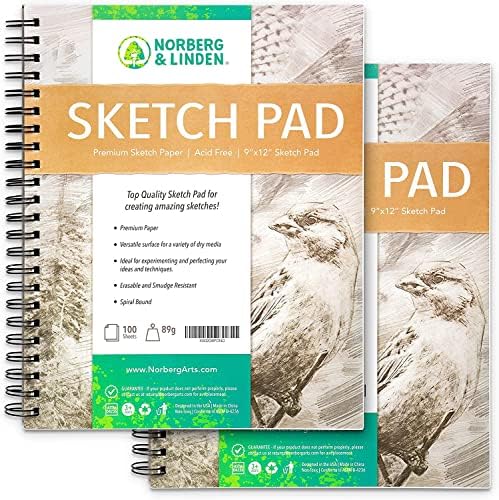 Norberg & Linden Sketch Pap 2 Pack - 9x12 Papel de peso pesado premium para obras de arte - textura ideal para mídia seca - Páginas destacáveis ​​apagáveis ​​e anti -fumadas, em espiral - prensadas a frio, 89g, 200 folhas