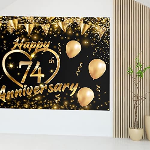 Feliz 74º aniversário Banner Decor Black Gold - Glitter Love Heart Happy 74 anos Aniversário de casamento Decorações de temas para homens Men