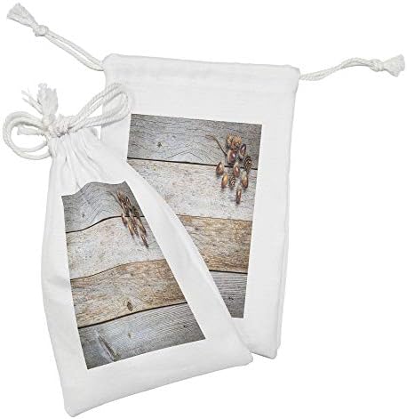 Conjunto de bolsas de tecido rústico de Ambesonne de 2, bolotas e cones na imagem do tema da madeira de fundo de madeira e de