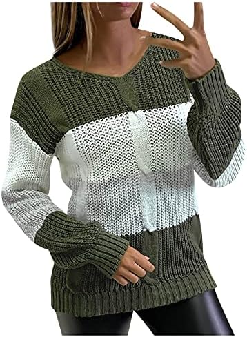 PRDECEXLU HEM SOIREE O inverno de manga comprida suéter mulheres malha básica v alarro de conforto do pescoço suéter listrado
