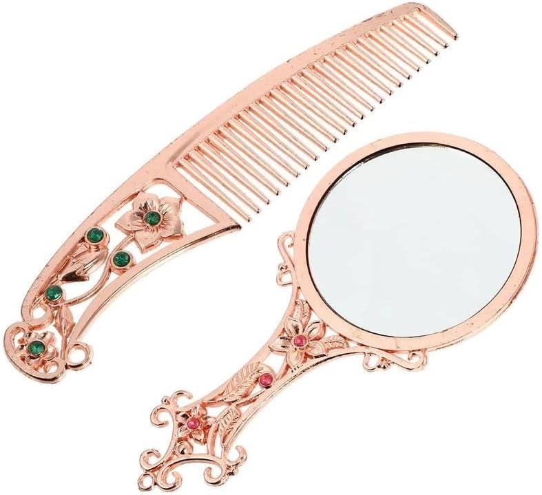 Espelho de maquiagem vintage de walnuta e pente de cabelo de pente de cabelo mini espelho de vaidade com pente de pente de pente de noiva dourado