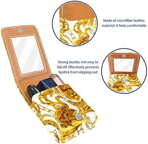 Caixa de batom de maquiagem portátil para viajar, Luxury Gold Lion Mini Lipstick Storage Caixa com espelho para mulheres mulheres, bolsa cosmética de couro