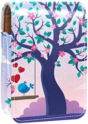 Valentine Love Birds com batom de batom de árvore porta -batom com espelho, bolsa de brilho labial portátil, kit de armazenamento cosmético de couro impermeável para bolsa