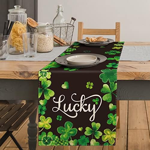 AnyDesign St. Patrick's Day Table Runner 13 x 72 Retângulo Verde Black Shamrock Table Capa Aquarela de Clover Lucky