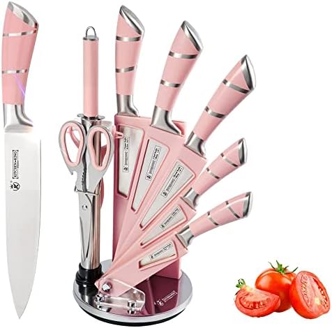 Conjunto de blocos de faca YF-Tow, faca de cozinha com suporte, 9 pcs faca de aço inoxidável afiada rosa conjunto com faca de chef, faca de pão, faca de escultura, tesoura e apontador de faca