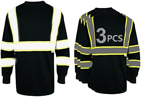 Camisa de segurança de manga longa de pomerol de alta visibilidade refletiva 3 pacotes de camiseta de segurança unissex preta respirável