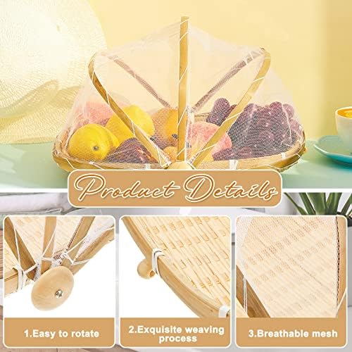 5 PCs Bamboo Alimentos que servem cesta de tenda de cesta de mão, serve cesta de cesta de piquenique à prova de pó vegetal de pão de pão com cobertura para festa de piquenique ao ar livre, redonda e retângulo