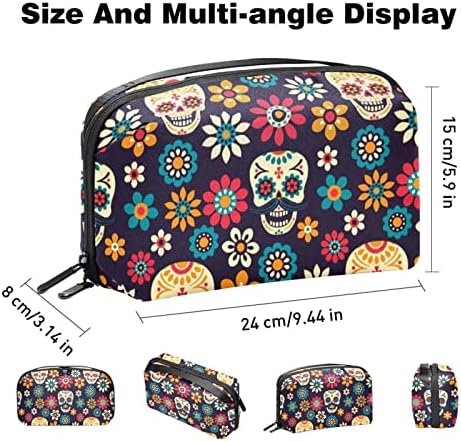 Bolsa de maquiagem de viagem sacos de maquiagem de bolsa de higieness à prova d'água para mulheres e meninas, crânio de açúcar de flores mexicanas