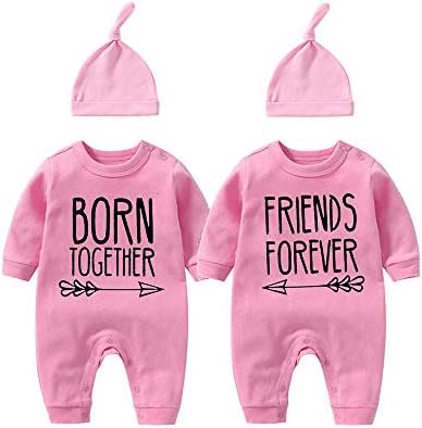 YsCulbutol Baby Twins Bodysuit com chapéu nascido juntos amigo para sempre roupas de menino de menino