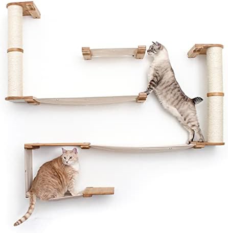 Criações catastróficas Lounge da ponte de gatos - Torre de gato de parede com 1 ponte e 2 redes de gato de lona - árvore de gatos montados na parede para gatos internos - móveis de parede de gato de bambu resistentes