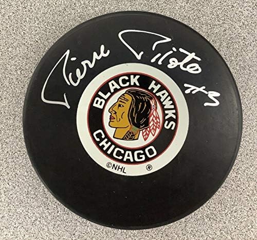 Pierre Pilote assinou o hóquei de puck NHL Autograph JSA Chicago Black Hawks #3 HOF - Pucks de NHL autografados