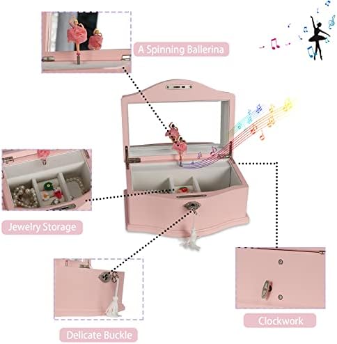 Caixa de jóias para meninas timlog com fechadura, 2 Ballerina Wooden Musical Small Jewelry Storage Organizer com espelho para meninas, rosa