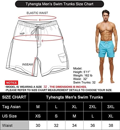 Trunks de natação masculinos de Tyhengta, shorts de praia seca rápida com bolsos com zíper e forro de malha