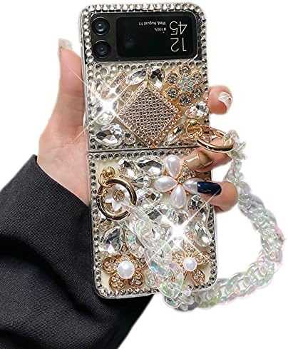 Caso de Poowear para Samsung Galaxy Z Flip 4 com cordão, Luxury Bling Diamond Rhinestone Gemstone 3D Garrafa de perfume