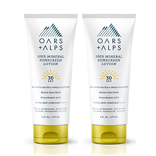 OARS + Alpes Mineral SPF 30 Loção de filtro solar, água e suor resistentes, infundidos com manteiga de karité e vitamina E, 6