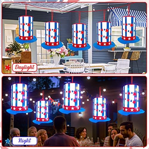 5pcs 4º/quarto de julho Decorações luzes- tio patriótico sam chapéu claro branco azul azul suspenso decoração de festas externas internas