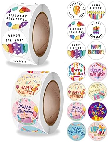 2 rolos adesivos de feliz aniversário, 14 designs de aniversário brilhantes com 1000 PCs Rótulos de etiqueta, adesivos de auto -adesivo à prova d'água coloridos para decoração de festa infantil