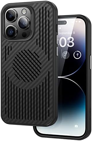 Caso Benks para iPhone 14 Pro Max Compatível com MagSafe, Caixa de resfriamento respirável de dissipação de calor atualizada construída com fibra Aramid Kevlar 1500D, fibra de carbono minimalista 6.7 , preto
