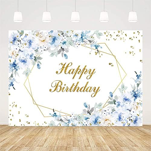 Sendy 7x5ft Feliz aniversário cenário para decoração de festas de aniversário de menino suprimentos azuis brancos glitter floral de ouro Bday