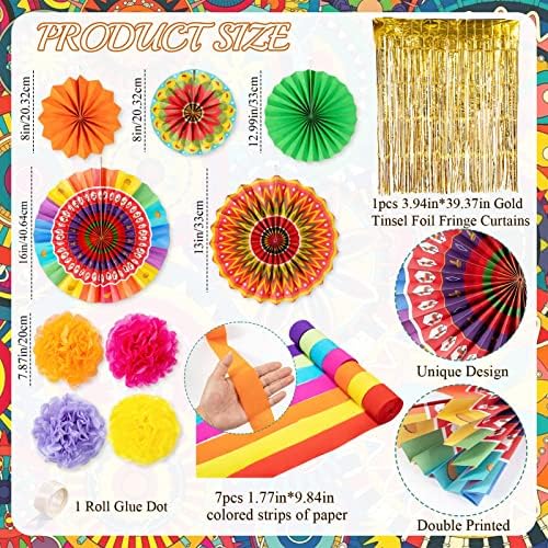 Kit de decorações de festas mexicanas de 18pcs - fãs coloridos de papel fiesta com pom poms streamers cortina de papel
