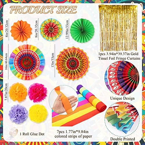 Kit de decorações de festas mexicanas de 18pcs - fãs coloridos de papel fiesta com pom poms streamers cortina de papel alumínio para o mexicano festa aniversário encanto o tema Cinco de Mayo Carnival Decorations Supplies