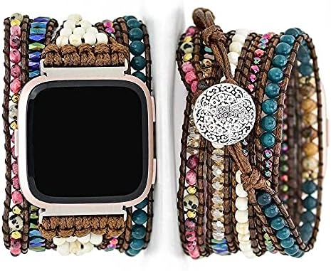 SomESame compatível com Fitbit Versa/Versa 2/Versa Lite/Versa Se Bandas Boho Bracelets, multicamada 5 envolve o chakra couro de couro