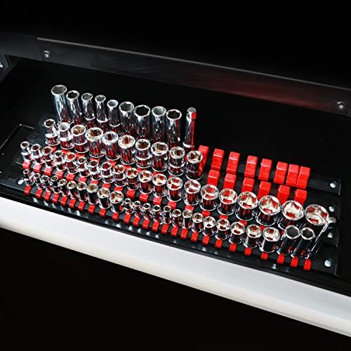 Bandeja de soquete portátil de 80 peças de 80 peças, 1/4 de polegada, 3/8 polegadas, 1/2 polegada, trilho de soquete pesado, trilhos pretos com clipes vermelhos
