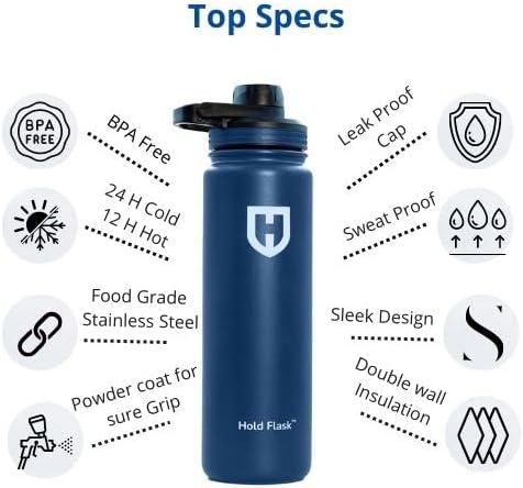 Hold Flask Sports Water Bottle - 24 oz, 2 tampas, 1 pincel de limpeza, prova de vazamento, parede dupla, aço inoxidável isolado a vácuo